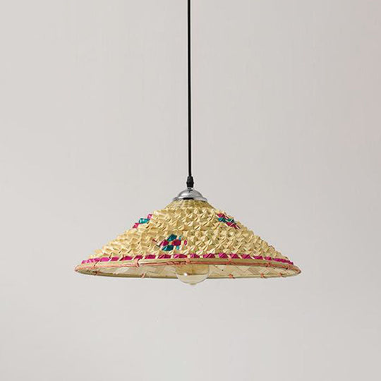 Asian Style Wood Straw Hat Pendant Lamp with Bamboo Hanging Light Fixture - 1 Bulb