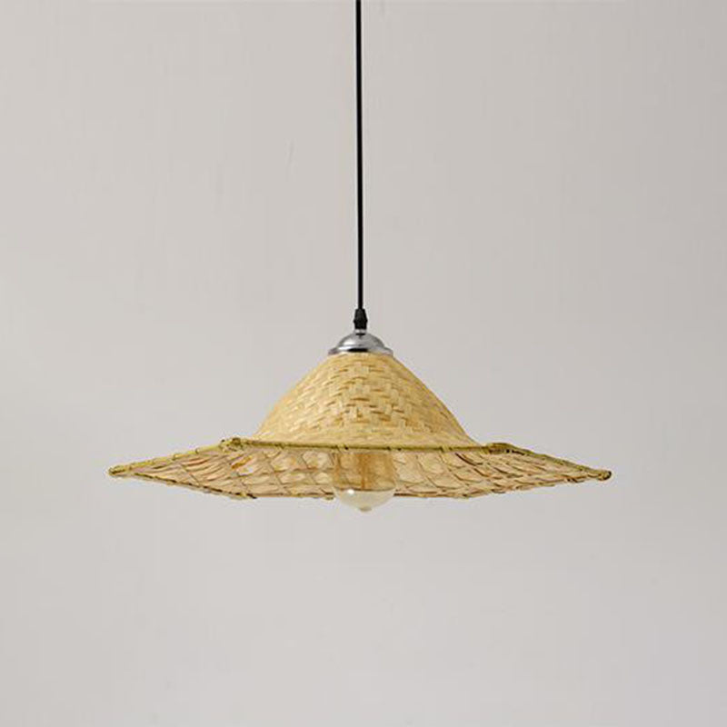 Asian Style Wood Straw Hat Pendant Lamp with Bamboo Hanging Light Fixture - 1 Bulb