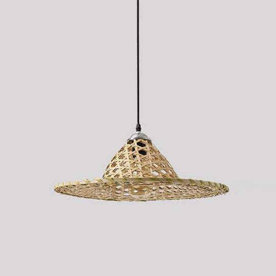 Asian Style Wood Straw Hat Pendant Lamp with Bamboo Hanging Light Fixture - 1 Bulb