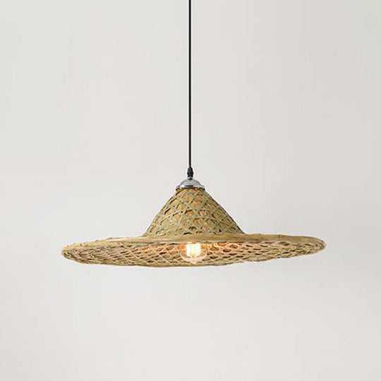 Asian Style Wood Straw Hat Pendant Lamp with Bamboo Hanging Light Fixture - 1 Bulb