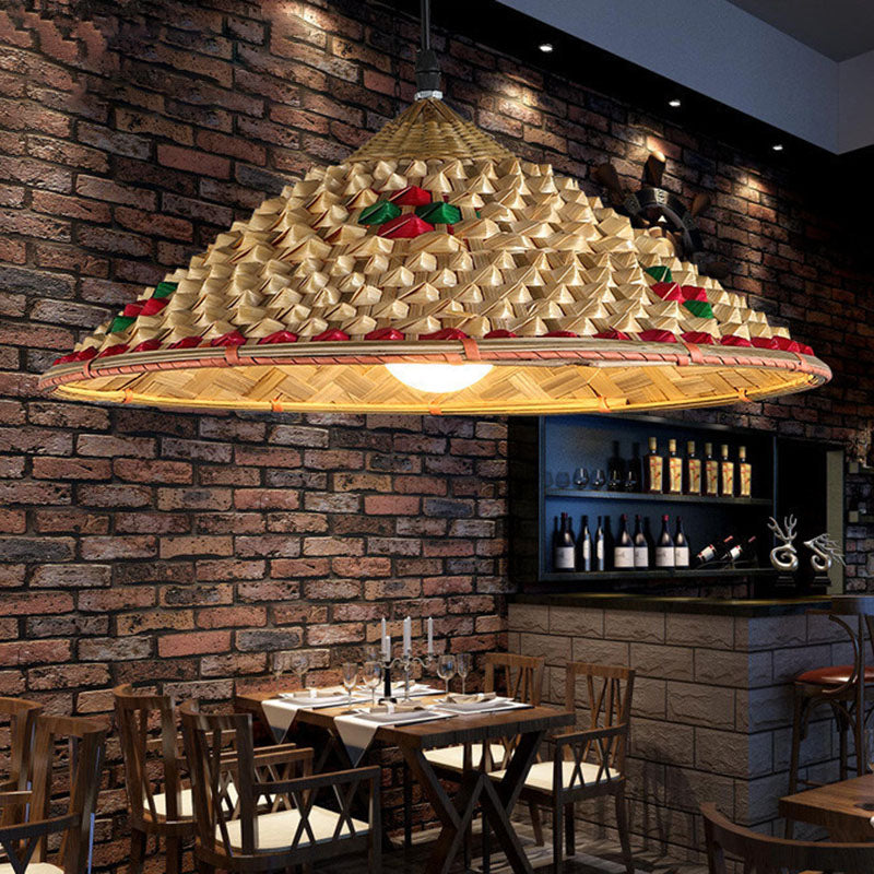 Asia Bamboo Coolie Hat Pendant Ceiling Light - Single-Bulb Wooden Hang Lamp for Restaurants