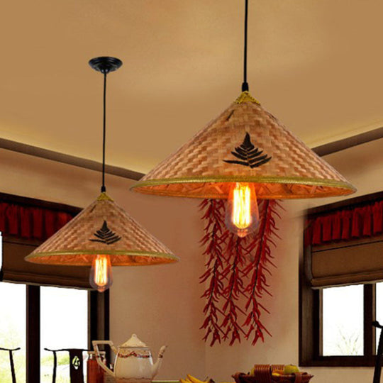 Asia Bamboo Coolie Hat Pendant Ceiling Light - Single-Bulb Wooden Hang Lamp for Restaurants