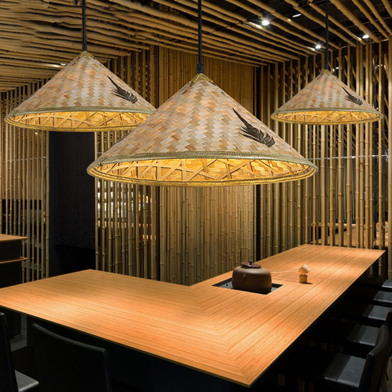 Asian-Inspired Bamboo Pendant Light For Restaurant With Coolie Hat Design And Wood Ceiling Hang