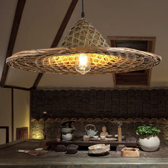 Asia Bamboo Coolie Hat Pendant Ceiling Light - Single-Bulb Wooden Hang Lamp for Restaurants