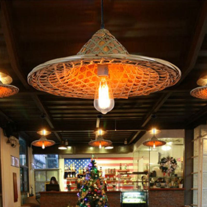 Asian-Inspired Bamboo Pendant Light For Restaurant With Coolie Hat Design And Wood Ceiling Hang