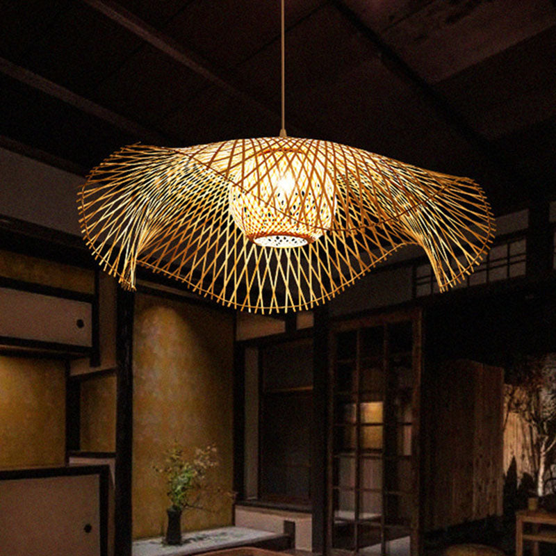 Wooden Asian Pendant Light With Bamboo Woven Floppy Hat Design - 1 Bulb Ceiling Hanging Lamp For