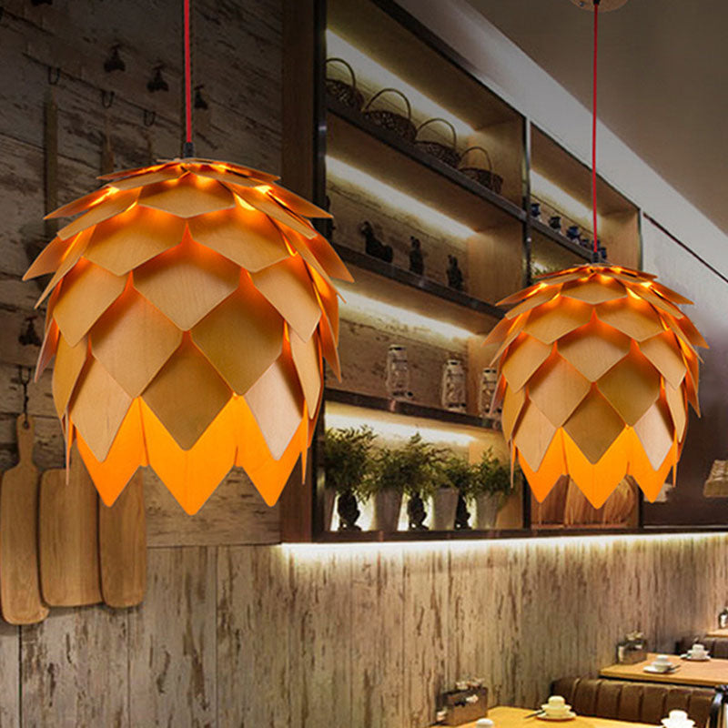 Wooden Shade Pendant Light With Unique Beige Pipecone Design And 1 Bulb