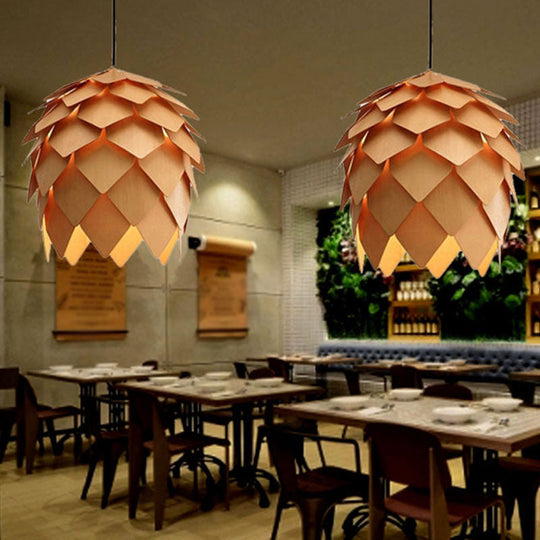 Wooden Shade Pendant Light With Unique Beige Pipecone Design And 1 Bulb