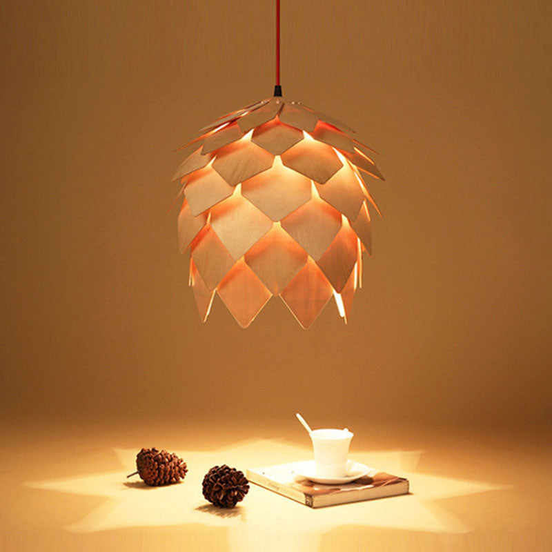 Wooden Shade Pendant Light With Unique Beige Pipecone Design And 1 Bulb