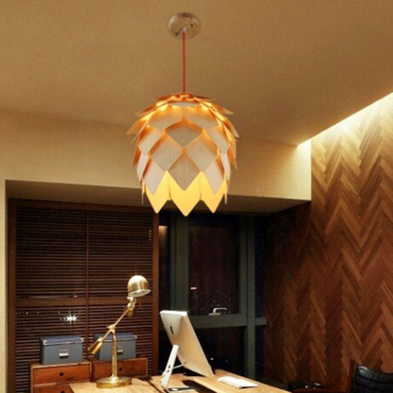 Wooden Shade Pendant Light With Unique Beige Pipecone Design And 1 Bulb