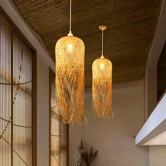 Asian Bamboo Weaving Dome Pendant Light With Fringed Wood Detail - 1-Light Ceiling Lamp For Dining