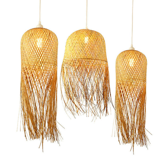 Asian Bamboo Weaving Dome Pendant Light With Fringed Wood Detail - 1-Light Ceiling Lamp For Dining