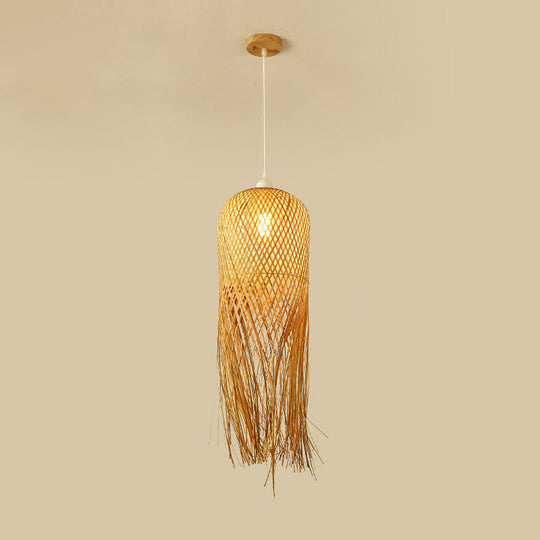 Asian Bamboo Weaving Dome Pendant Light With Fringed Wood Detail - 1-Light Ceiling Lamp For Dining