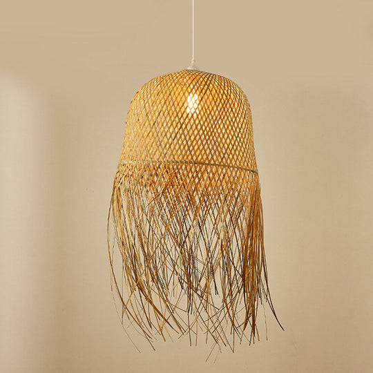 Asian Bamboo Weaving Dome Pendant Light With Fringed Wood Detail - 1-Light Ceiling Lamp For Dining