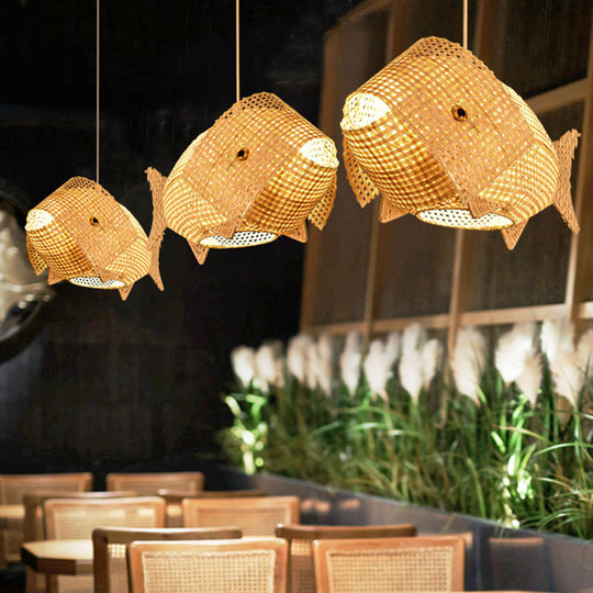 Bamboo Asian Ceiling Pendant: Fish-Shaped Wood Light For Restaurants / 18