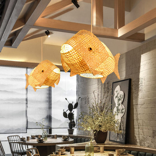 Bamboo Asian Ceiling Pendant: Fish-Shaped Wood Light For Restaurants