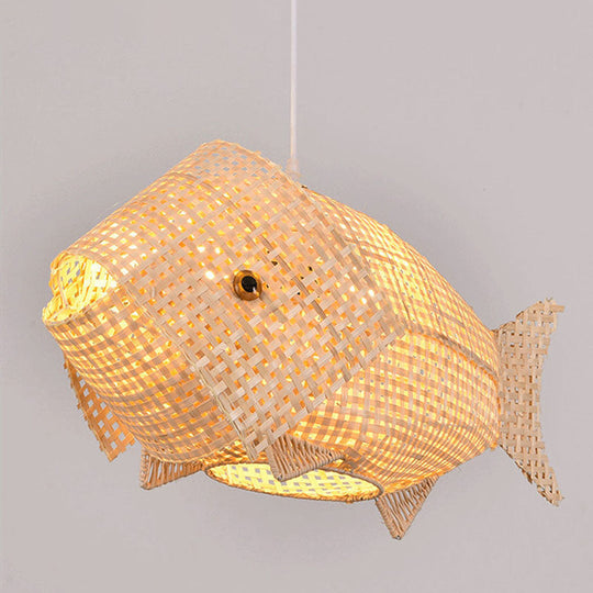 Bamboo Asian Ceiling Pendant: Fish-Shaped Wood Light For Restaurants