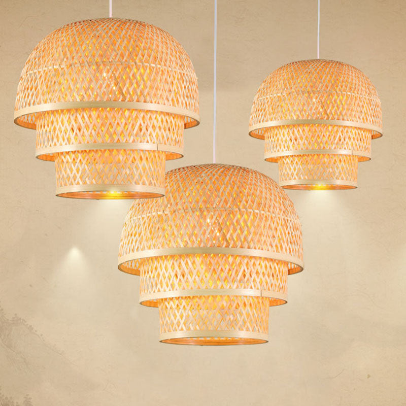 Asian Wood Pendant Lamp With Bamboo Shade For Restaurant Down Lighting