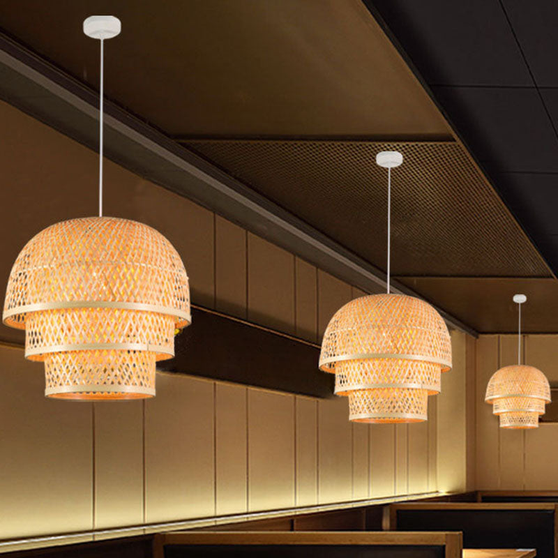 Asian Wood Pendant Lamp With Bamboo Shade For Restaurant Down Lighting