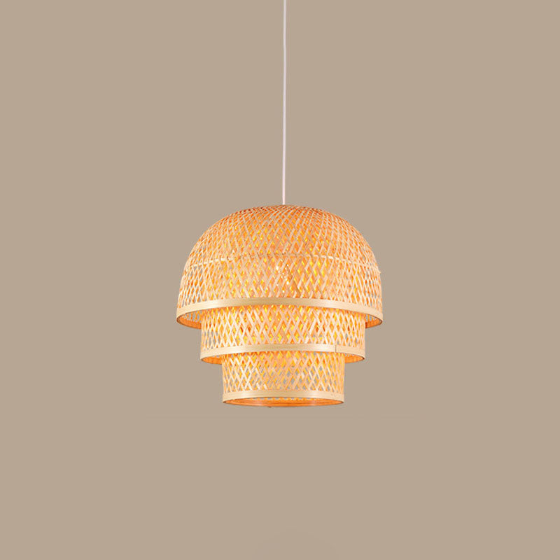 Asian Wood Pendant Lamp With Bamboo Shade For Restaurant Down Lighting