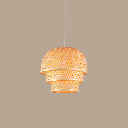 Asian Wood Pendant Lamp With Bamboo Shade For Restaurant Down Lighting