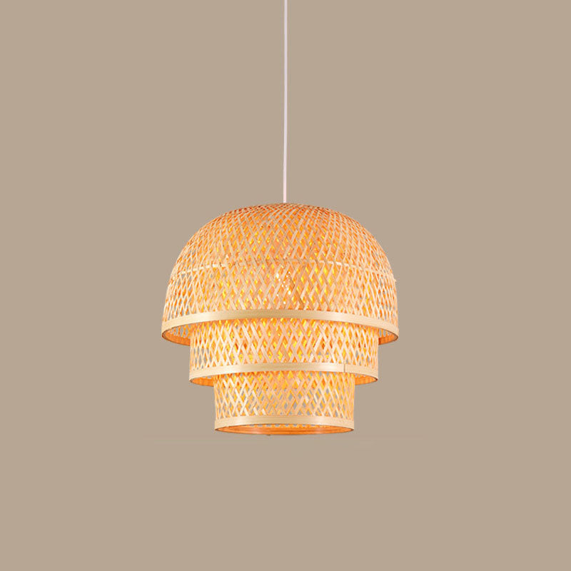 Asian Wood Pendant Lamp With Bamboo Shade For Restaurant Down Lighting