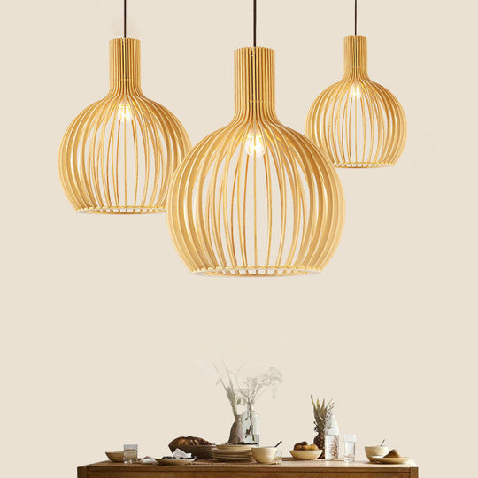 Bamboo Asian Pendant Light: Elegant 1-Bulb Wood Fixture For Dining Table