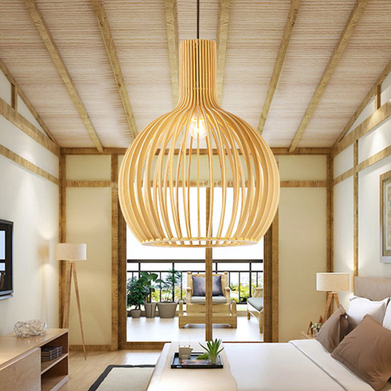 Bamboo Asian Pendant Light: Elegant 1-Bulb Wood Fixture For Dining Table