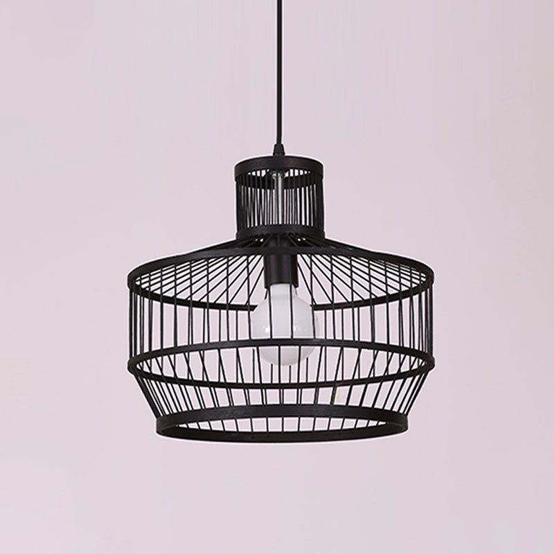 Bamboo Cage Pendant Lighting - Chinese Style 1-Light Black Ceiling Lamp