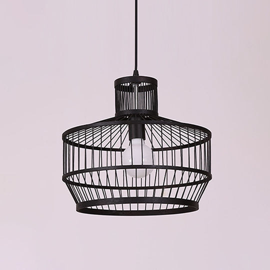 Bamboo Cage Pendant Lighting - Chinese Style 1-Light Black Ceiling Lamp