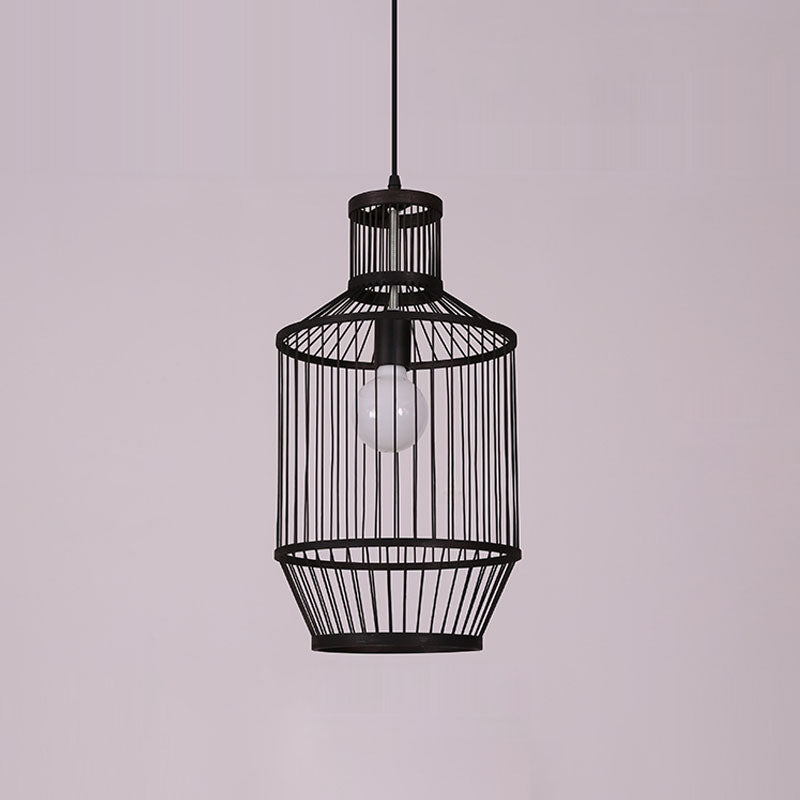 Bamboo Cage Pendant Lighting - Chinese Style 1-Light Black Ceiling Lamp