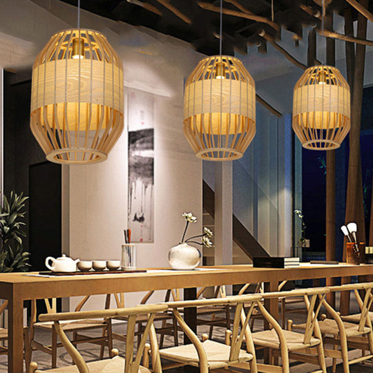 Bamboo Slatted Pendant Light: Asian-Inspired Wood Down Lighting Kit For Table