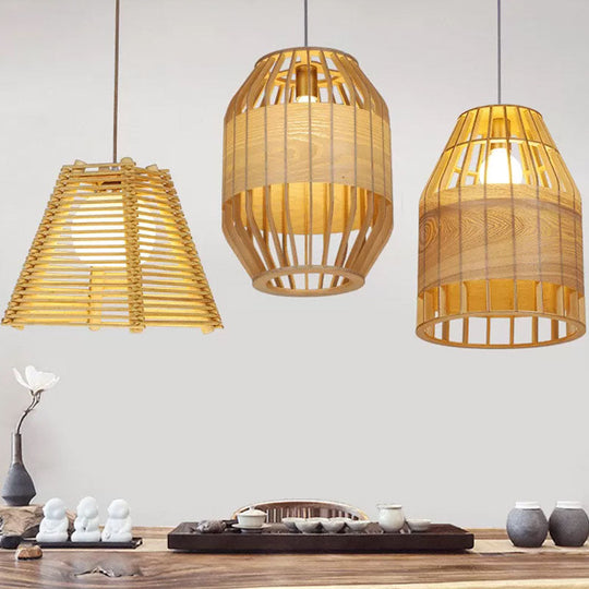 Bamboo Slatted Pendant Light: Asian-Inspired Wood Down Lighting Kit For Table