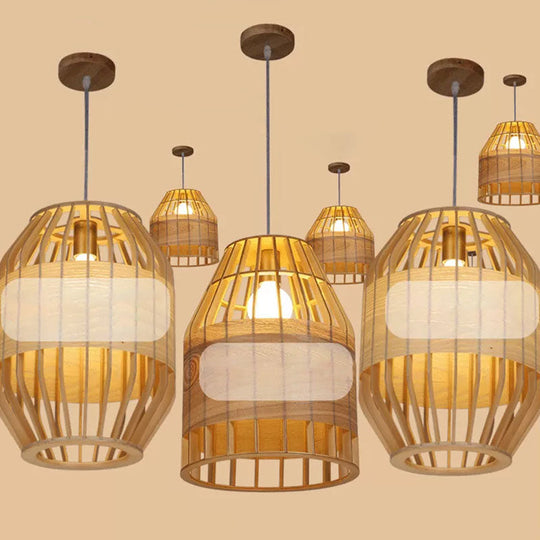 Bamboo Slatted Pendant Light: Asian-Inspired Wood Down Lighting Kit For Table