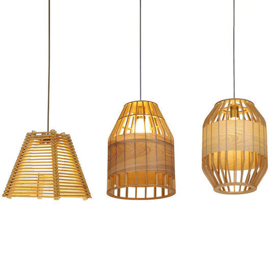 Bamboo Slatted Pendant Light: Asian-Inspired Wood Down Lighting Kit For Table