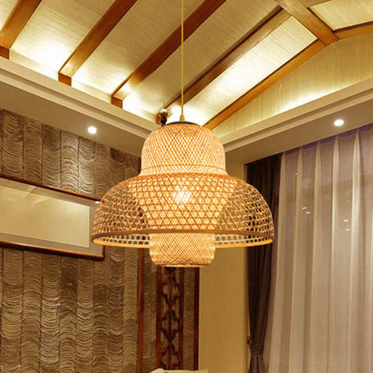 Chinese Bamboo Criss Cross Weaving Hanging Lamp Kit - Tearoom Pendant Light With Wood Finish (1