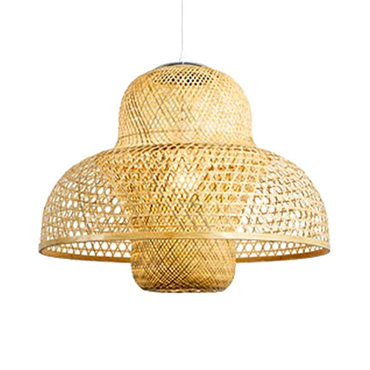 Chinese Bamboo Criss Cross Weaving Hanging Lamp Kit - Tearoom Pendant Light With Wood Finish (1