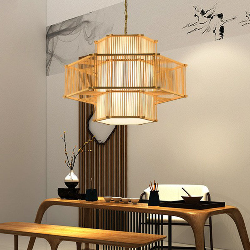 Bamboo Single Pendant Light: Geometric Shape Asian Design For Guest Room