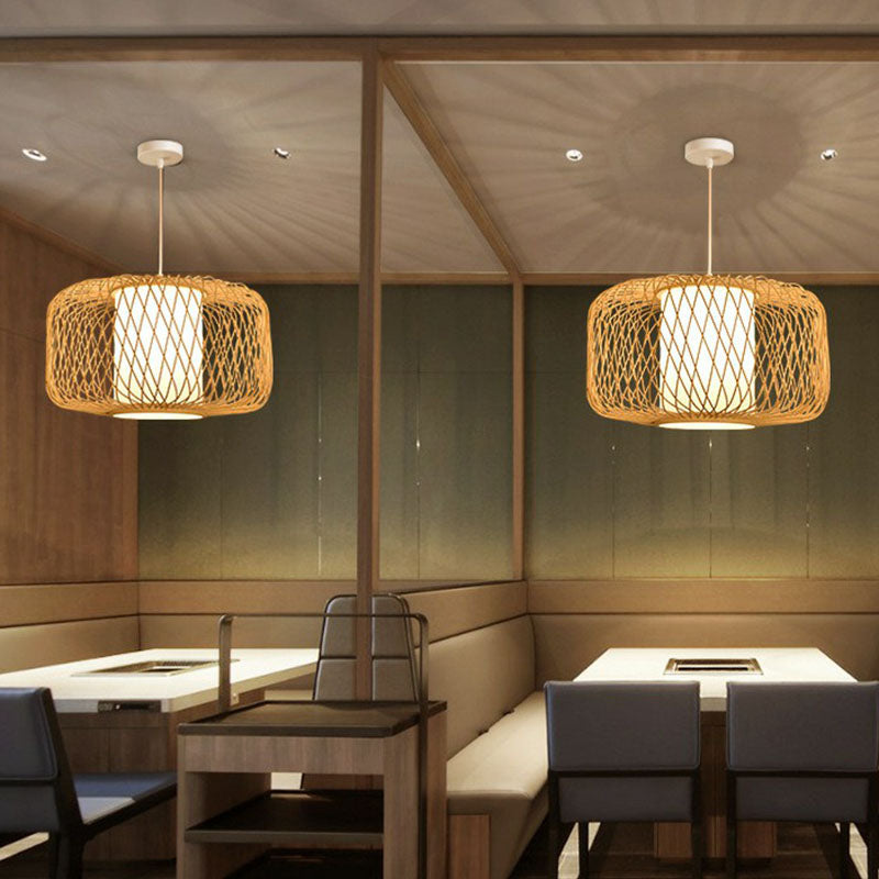 Bamboo Cage Lantern Pendant Light Fixture - Asian-Inspired 1-Light Bistro Suspension Lamp In Wood