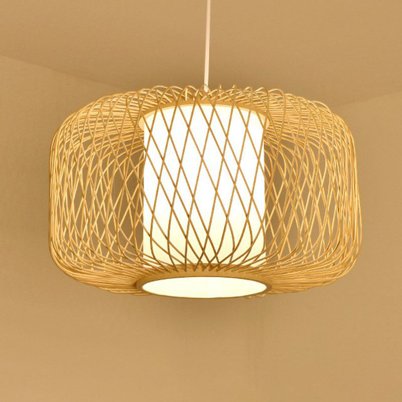 Bamboo Cage Lantern Pendant Light Fixture - Asian-Inspired 1-Light Bistro Suspension Lamp In Wood