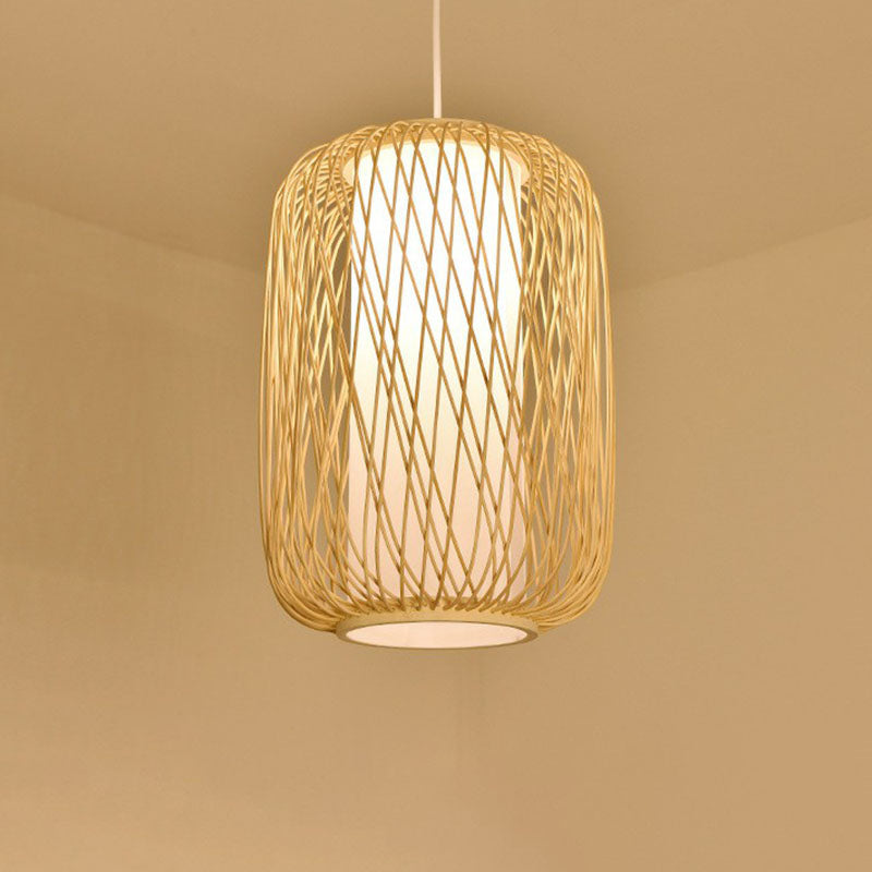 Bamboo Cage Lantern Pendant Light Fixture - Asian-Inspired 1-Light Bistro Suspension Lamp In Wood