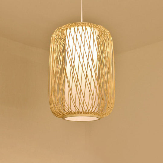 Bamboo Cage Lantern Pendant Light Fixture - Asian-Inspired 1-Light Bistro Suspension Lamp In Wood