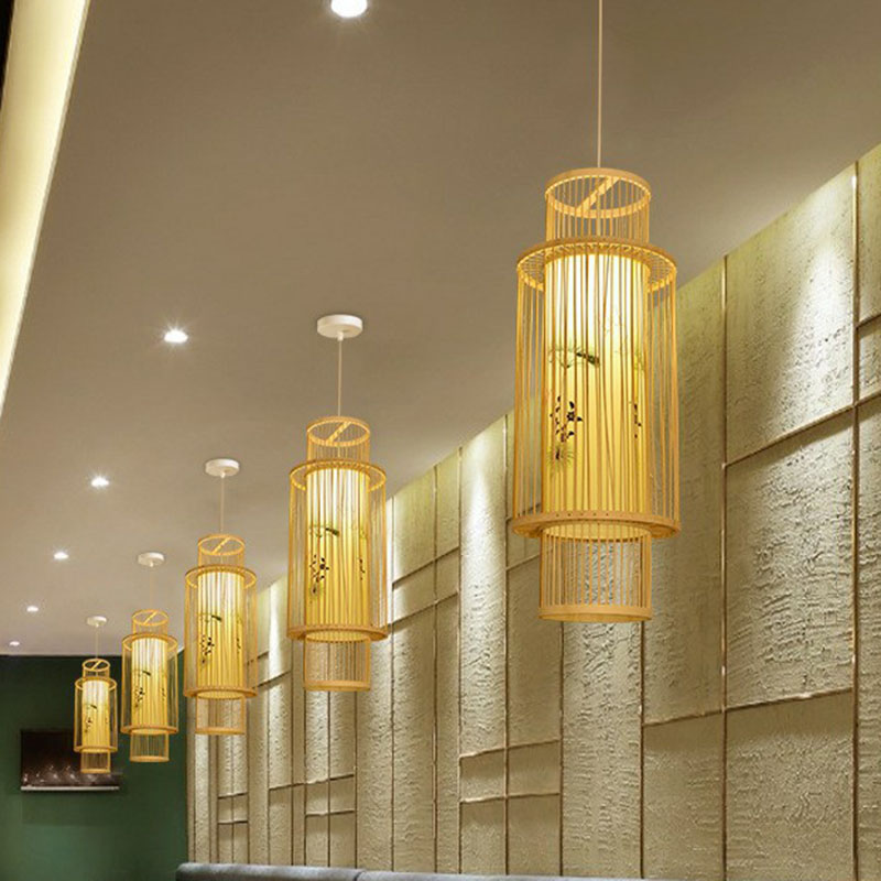 Bamboo Cage Lantern Pendant Light Fixture - Asian-Inspired 1-Light Bistro Suspension Lamp In Wood /