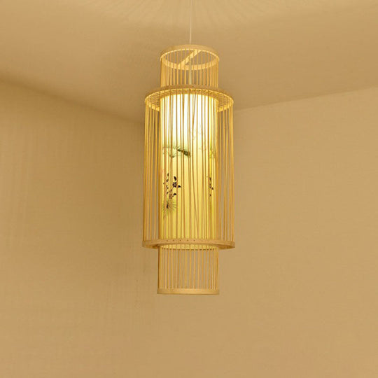 Bamboo Cage Lantern Pendant Light Fixture - Asian-Inspired 1-Light Bistro Suspension Lamp In Wood