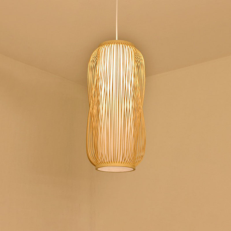 Bamboo Cage Lantern Pendant Light Fixture - Asian-Inspired 1-Light Bistro Suspension Lamp In Wood