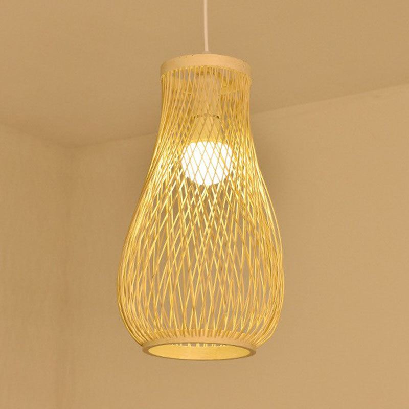 Bamboo Cage Lantern Pendant Light Fixture - Asian-Inspired 1-Light Bistro Suspension Lamp In Wood