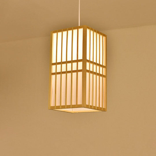 Bamboo Cage Lantern Pendant Light Fixture - Asian-Inspired 1-Light Bistro Suspension Lamp In Wood