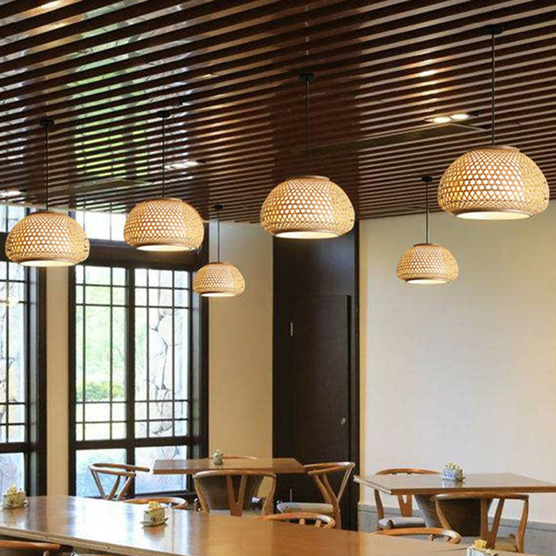 Asian Bamboo Woven Pendant Light For Dining Room - Wood Bowl Shape With 1 / Small