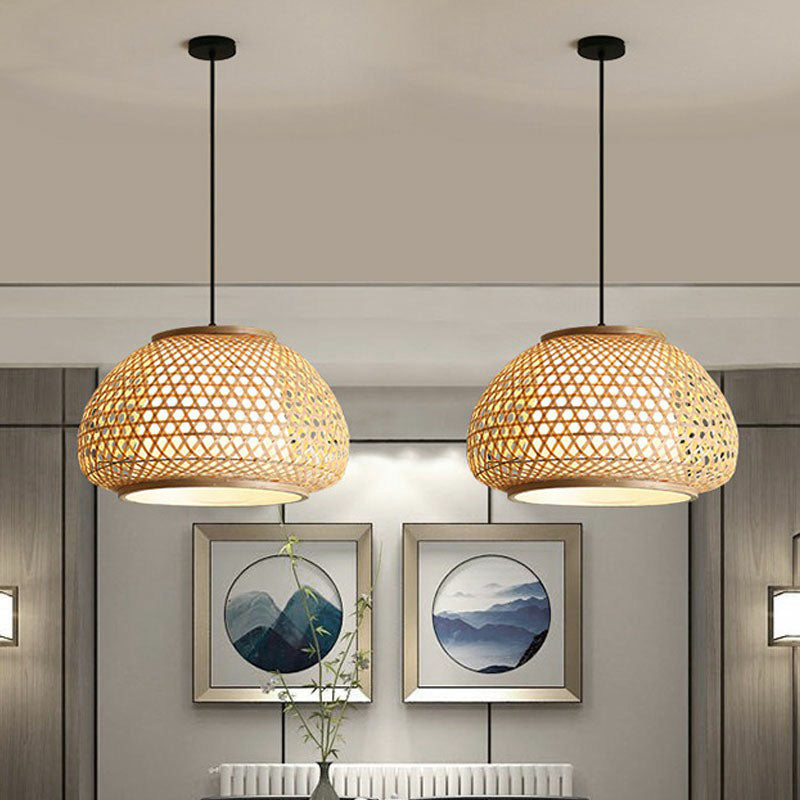 Asian Bamboo Woven Pendant Light For Dining Room - Wood Bowl Shape With 1