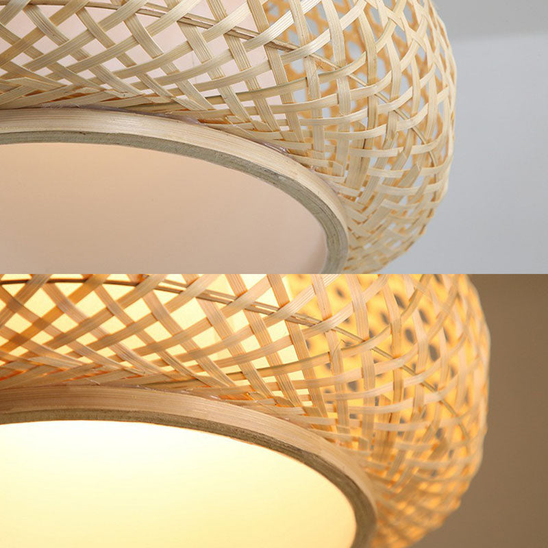 Asian Bamboo Woven Pendant Light For Dining Room - Wood Bowl Shape With 1